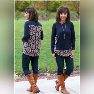 Loft women's xs medallion mixed media sweater blouse